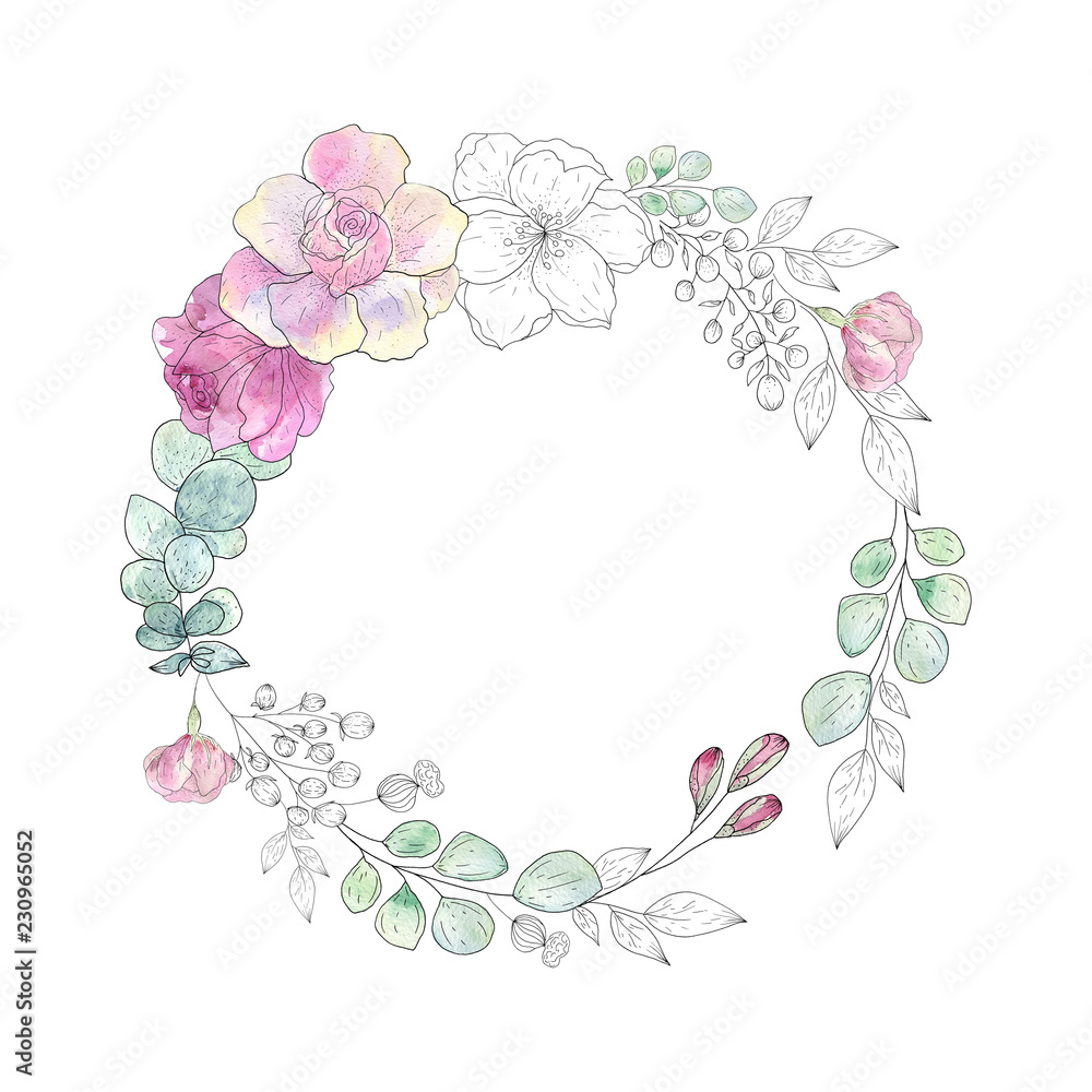 Wreath of colorful flowers and leaves. For shopping sale or promo poster and frame leaflet or web banner.Birthday and anniversary cards.