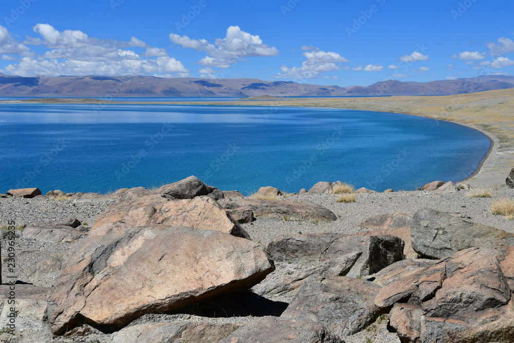 China. Great lakes of Tibet. Lake Teri Tashi Namtso in sunny summer day China. Great lakes of Tibet. Lake Teri Tashi Namtso in sunny summer day