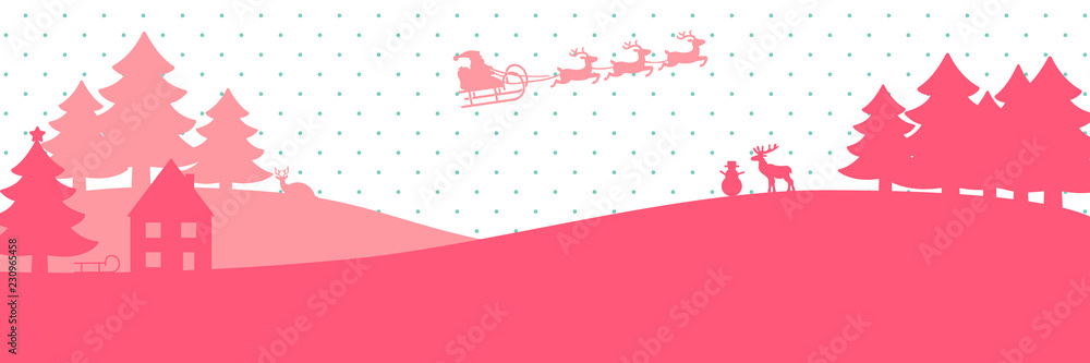 pinke Winterlandschaft mit fliegendem Weihnachtsmann
