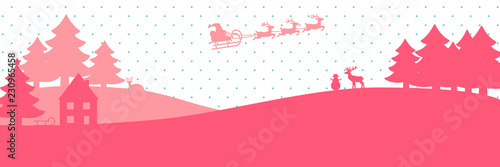 pinke Winterlandschaft mit fliegendem Weihnachtsmann