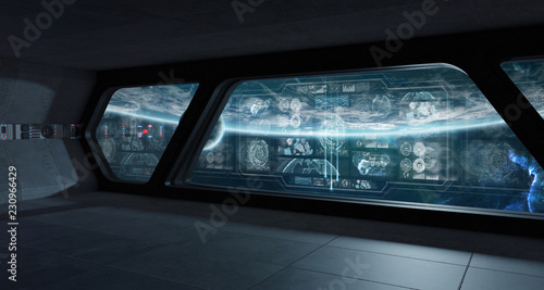 Fototapeta Naklejka Na Ścianę i Meble -  Dark spaceship interior with control panel digital screens 3D rendering