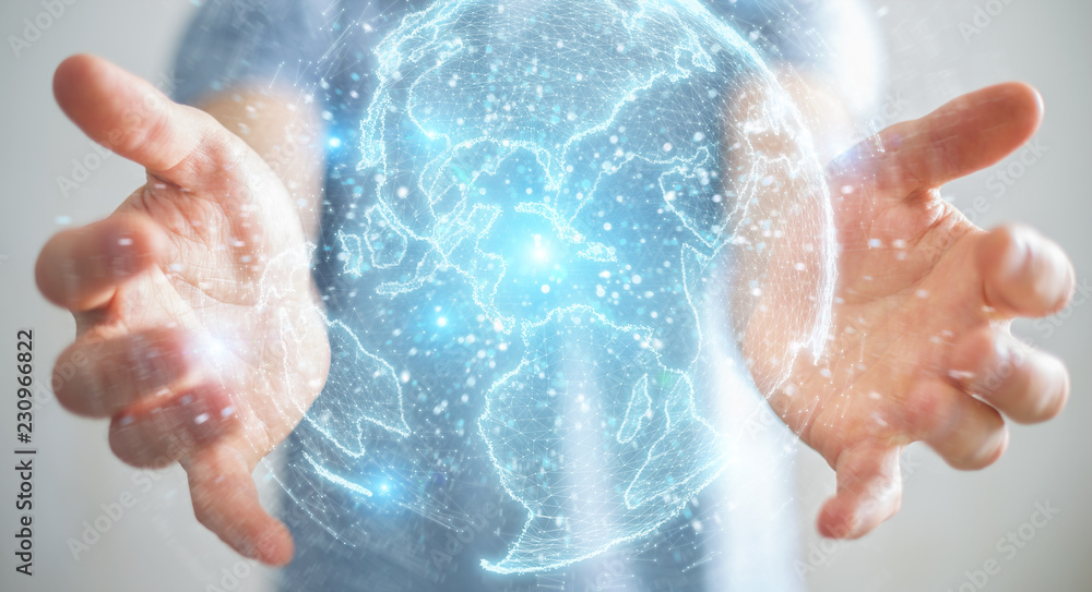 Businessman using globe network hologram with America Usa map 3D rendering Businessman using globe network hologram with America Usa map 3D rendering