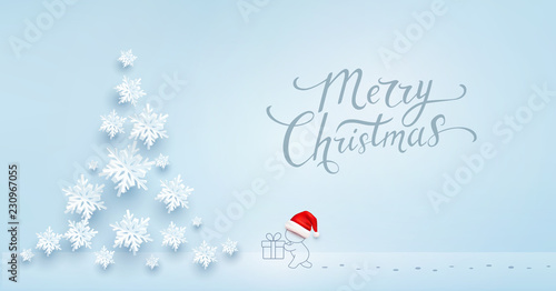 Christmas card with paper snowflakes. Santa claus and gift box on snow blue background. Vector xmas, New Year or winter concept.