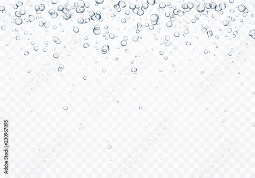 Bubbles underwater texture isolated on transparent background. Vector fizzy air, gas or oxygen under water. Realistic champagne drink, soda effect template. photo