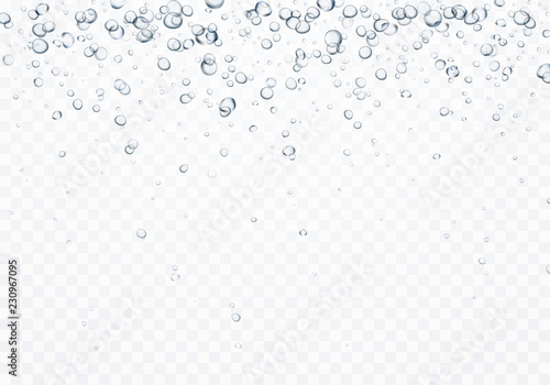 Bubbles underwater texture isolated on transparent background. Vector fizzy air, gas or oxygen under water. Realistic champagne drink, soda effect template.