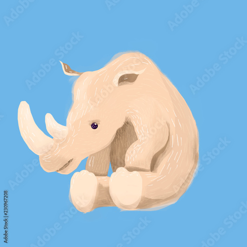 fantasy composition consisting of animals and plants. Rhino sits on bananas and is surrounded by leaves