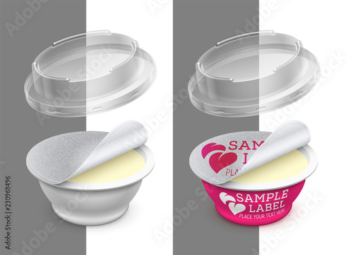 Vector labeled open round plastic container with foil and transparent lid. Packaging mockup illustration.