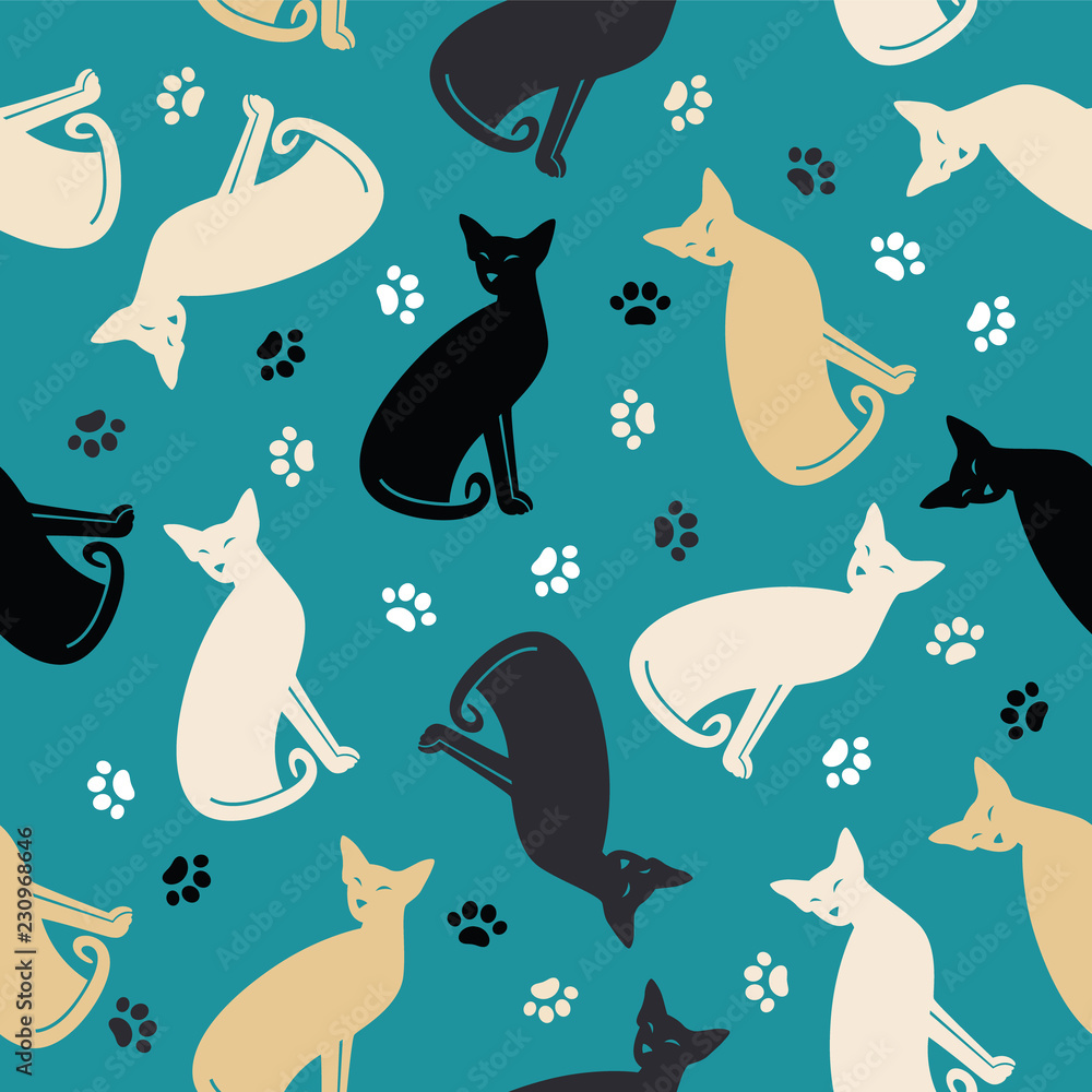 Seamless pattern with colorful cats and traces. 
