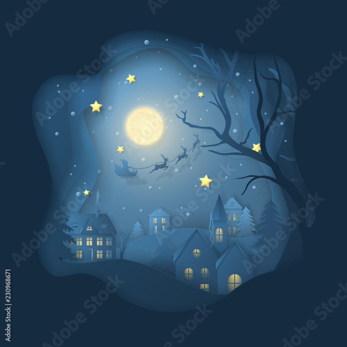 Vector winter night scene with fir trees, houses, moon, santa's sleigh, deers, stars and snow in paper cut style. Dark festive layered background with 3D realistic paper Christmas Village and snowfall