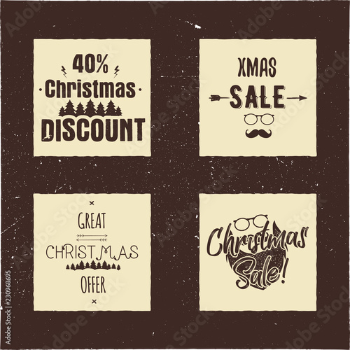 Christmas sale and discount typography cards with trees and Santa. Xmas season offers lettering emblems. Holiday Online and offline shopping type quotes. Stock vector illustrations isolated