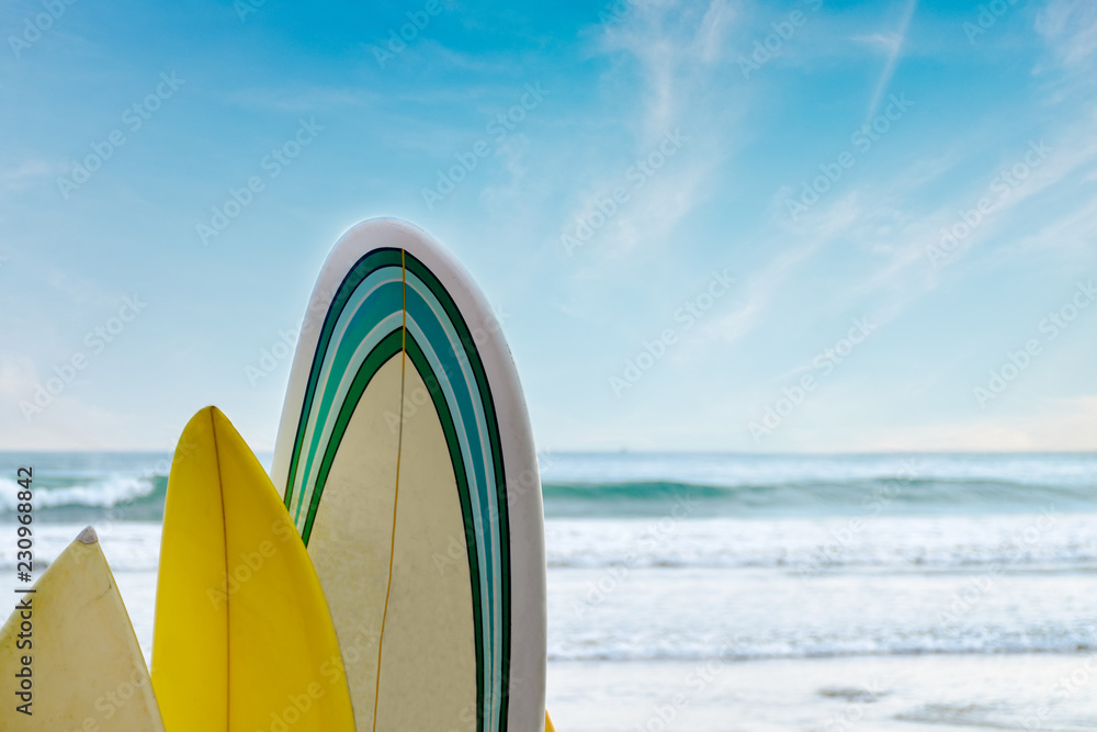 Surfboards stand in a row against the waves and blue sky, concept of leisure, sports lifestyle, escape from the city bustle. Empty place fot text, copy space.