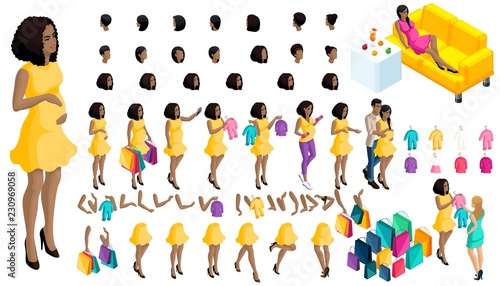 Quality Isometry pregnant African American girl. Set of hairstyles and emotions of a girl. Set of hands and feet in motion. Set of babies and clothes, create your own character