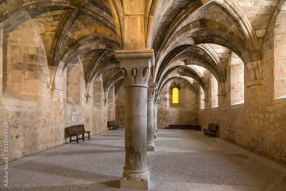 room with columns in the monastery of Santa Maria de Huerta, Soria, Spain