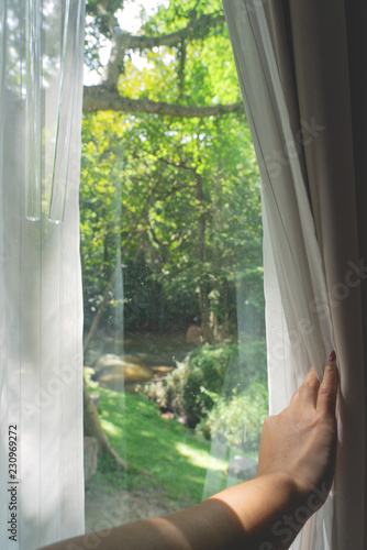 Female hand opening white curtains with green forest view Free Download Female hand opening white curtains with green forest view - GFXLoad