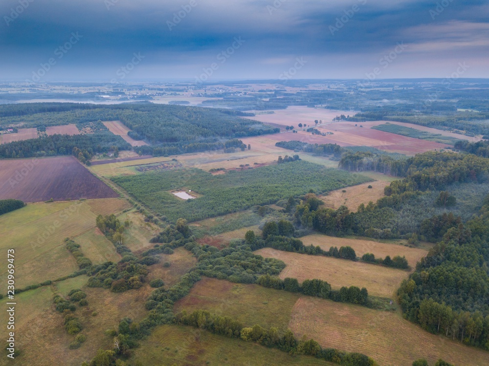 Beautiful foggy polish landscape photographed from drone