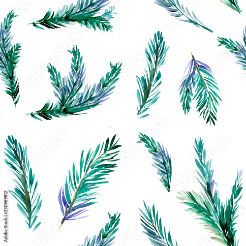 Seamless pattern with pine branches. Watercolor illustration