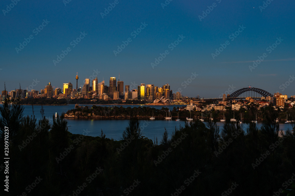 Blue hour sunrise over Sydney Harbour. City skyline taken from Taronga Zoo.