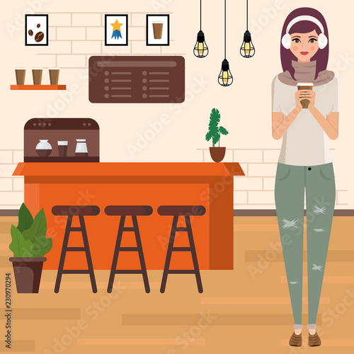 Girl in the coffee shop drinks coffee   modern place interior  coffee machine and cups of coffee  table and chairs. .Vector flat style cartoon illustration