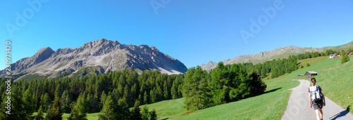 picturesque panorama summer mountain landscape in the Swiss Alps near Savognin with green meadows and forest and rocky mountain peaks behind under a blue sky and a female hiker on a gravel road photo