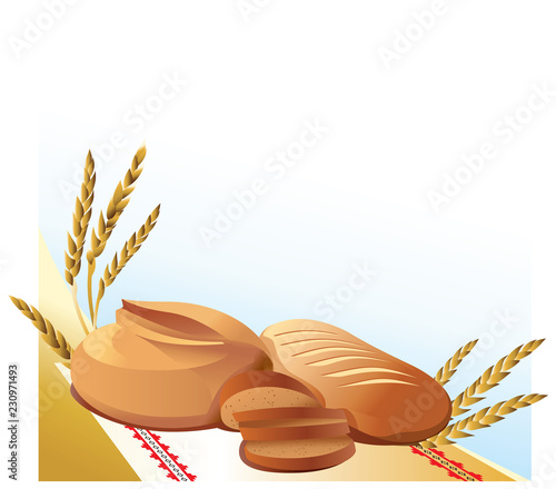 Bread and loaf on a  light  background with spikelets wheat.