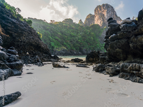 Beautiful Rocks view at Morning at Nui Bay Beach, Phi-Phi, Thailand, Krabi province Andaman sea
