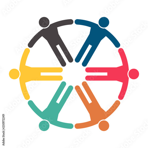 Group of six persons in circle. holding hands.The summit workers are meeting in the same power room.