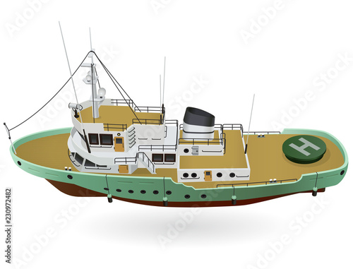 Research ship, marine exploration boat for scientists. Rescue vessel with sonar, new modern motorboat for discovering of water. Vector illustration, isolated on white background
