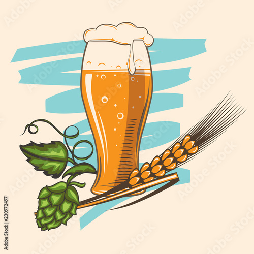 Glass of beer with hop and wheat