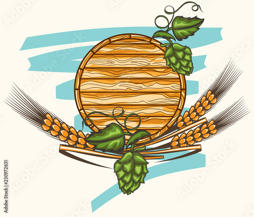 Barrel of beer with hop and wheat