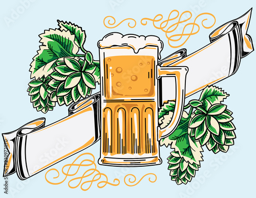 Glass of beer with hop and ribbon, decorative emblem