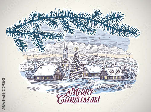 Festive winter countryside landscape with a spruce branch in the foreground.