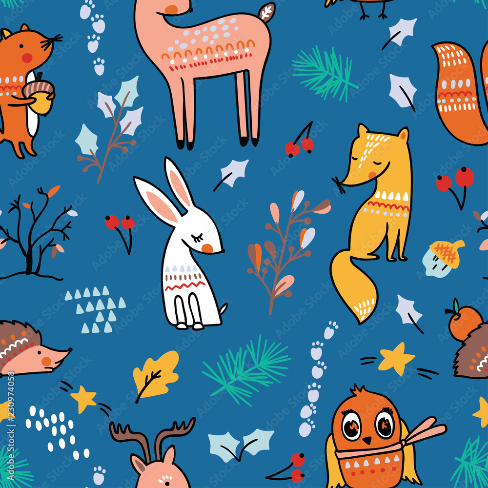 Winter forest seamless pattern with cute animals on blue background.