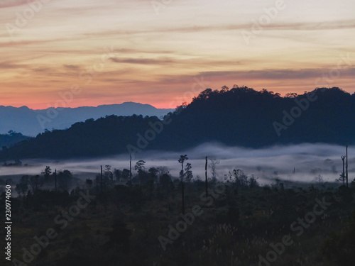 Sunrise in the mountains with mist below