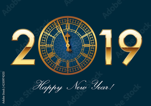 Carte de vœux 2019 représentant l’horloge de Big-Ben symbole de Londres et de l’Angleterre, en lettres dorée sur fond bleu nuit