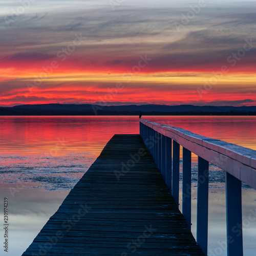 Sunset at Long Jetty  Central Coast. Pink  red glow and reflection as a bird looks on.