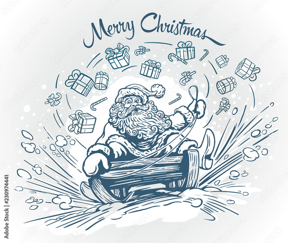 Surprised and cheerful Santa Claus, rides the mountain on a sleigh, losing on the way Christmas gifts and sweets. 