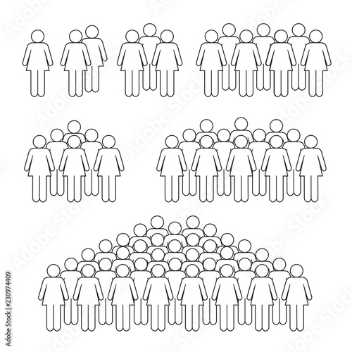Woman crowd thin line on white background icons