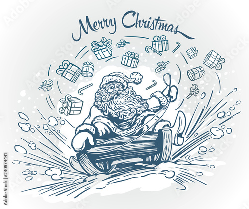 Surprised and cheerful Santa Claus, rides the mountain on a sleigh, losing on the way Christmas gifts and sweets. 