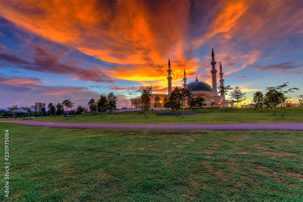 JOHOR BAHRU,Malaysia- 19 October 2017 : The Long Exposure Picture Of Sultan Iskandar mosque With The Golden Sunset As A Background