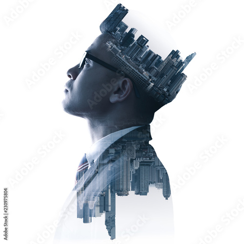 Schilderij op canvas The double exposure image of the businessman thinking overlay with cityscape image