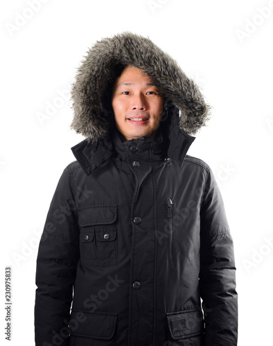Portrait asian man wearing black overcoat on white background