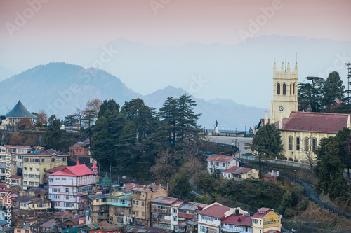 View of city looking towards the Ridge and Christ Church, Shimla (Simla), Himachal Pradesh photo
