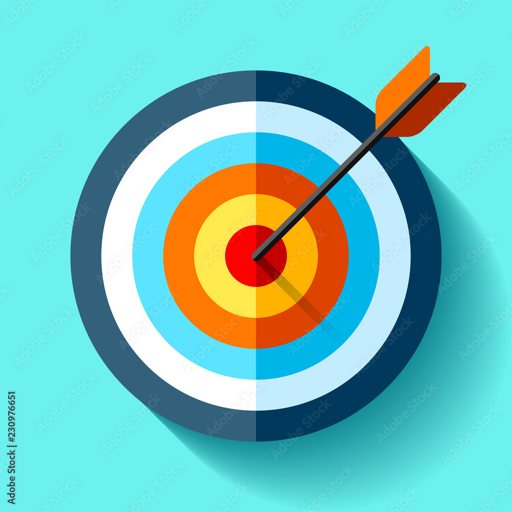 Volume Target icon in flat style on color background. Arrow in the center aim. Vector design element for you business projects Volume Target icon in flat style on color background. Arrow in the center aim. Vector design element for you business projects