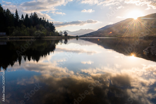 Llynnau Mymbyr Lake at sunset, Capel Curig, Snowdonia National Park, North Wales photo