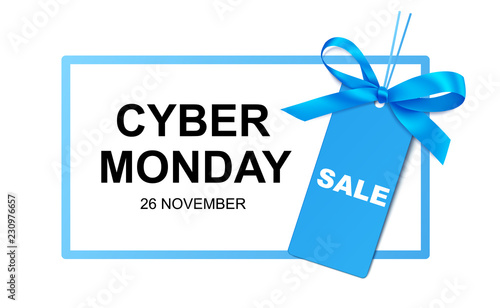 Cyber monday sale design template. Vector frame with blue price tag and decorative bow. Vector illustration.