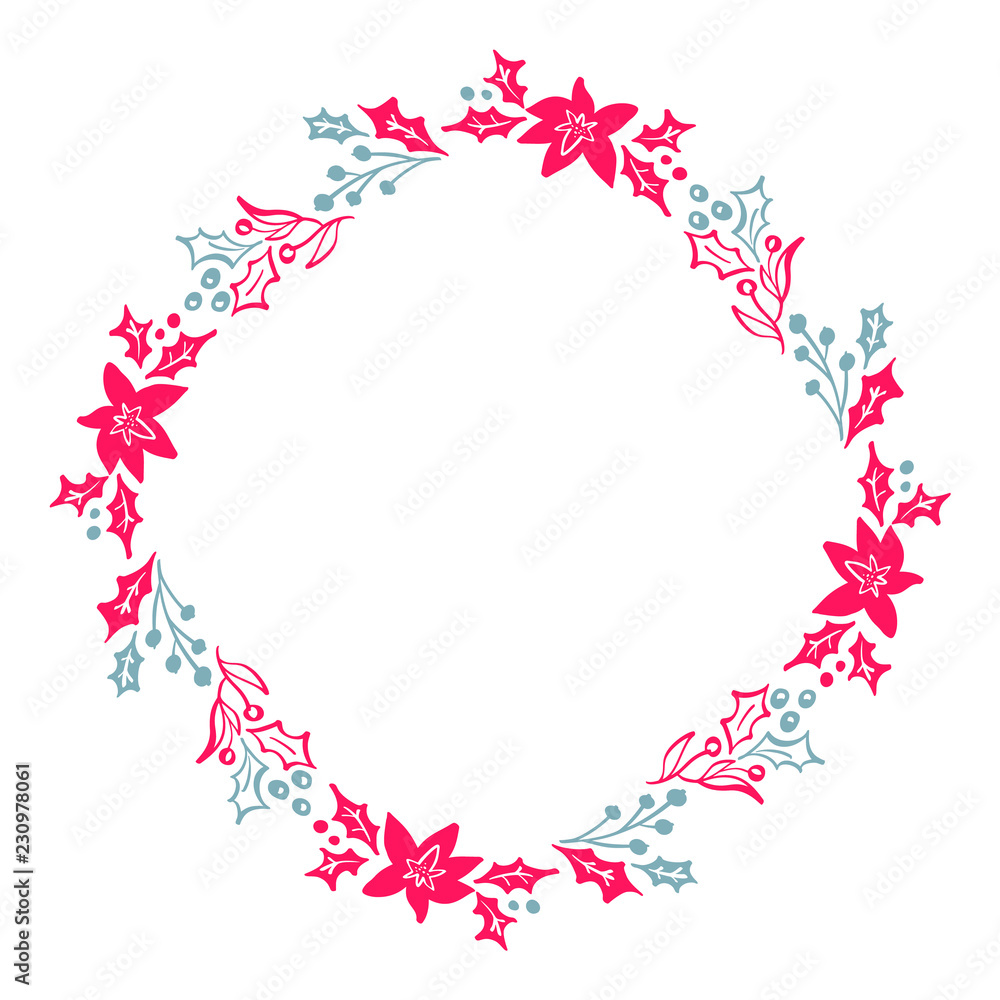 Christmas Hand Drawn wreath red and blue Floral Winter Design Elements isolated on white background for retro design flourish. Vector calligraphy and lettering illustration Christmas Hand Drawn wreath red and blue Floral Winter Design Elements isolated on white background for retro design flourish. Vector calligraphy and lettering illustration