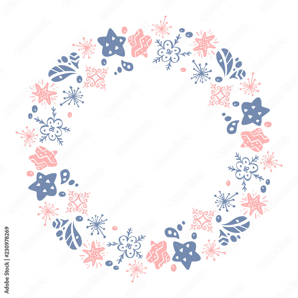 Christmas Hand Drawn wreath pink and blue Floral Winter Design Elements isolated on white background for retro design flourish. Vector calligraphy and lettering illustration Christmas Hand Drawn wreath pink and blue Floral Winter Design Elements isolated on white background for retro design flourish. Vector calligraphy and lettering illustration