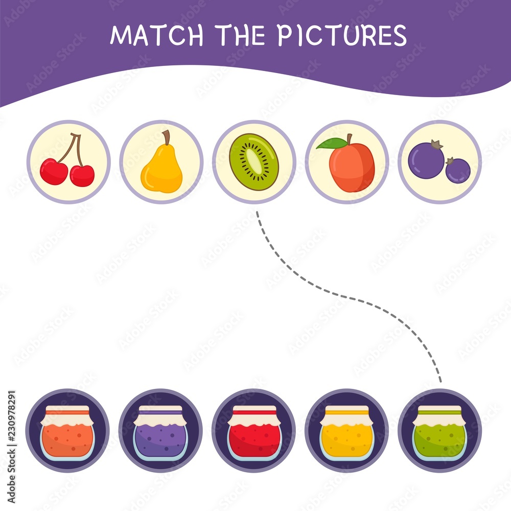 Matching children educational game. Match parts of jam and fruits. Activity for pre shool years kids and toddlers.