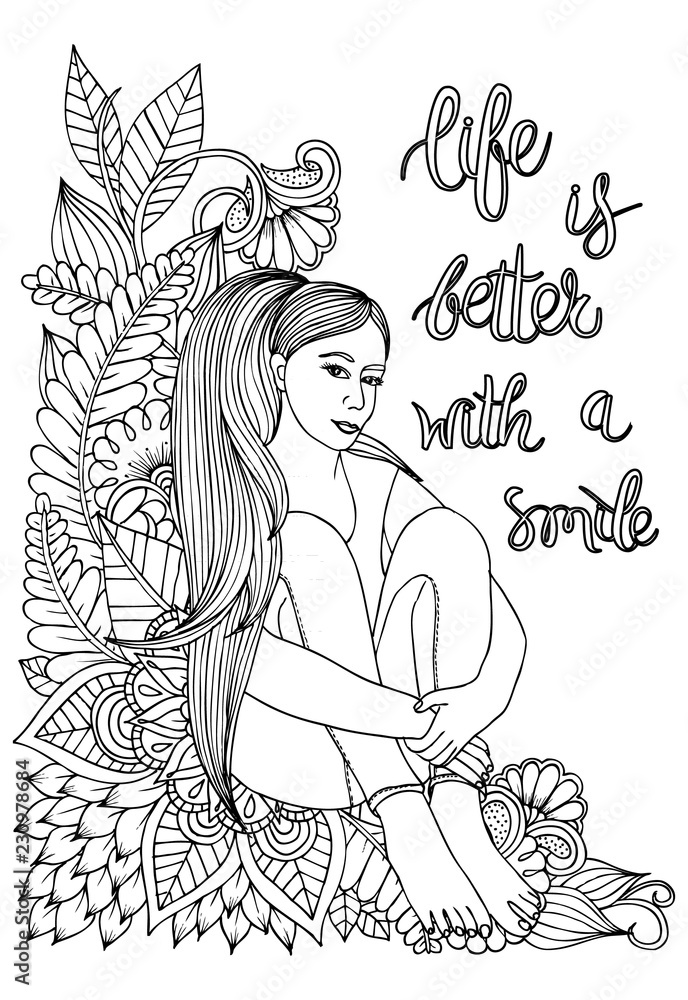 Page for coloring book. Girl and flowers. Doodles in black and white ...