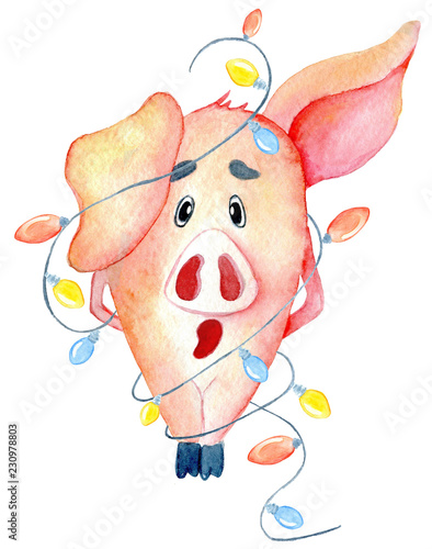 Cute Christmas pigs with garland Watercolor illustration